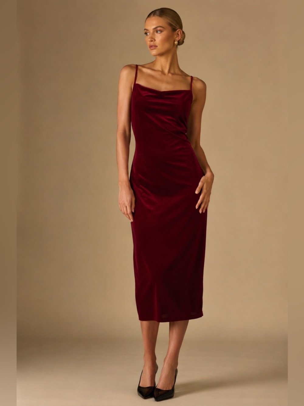 Antonio Melani Pixie Red Velvet Cowl Midi Dress NEW Size 14